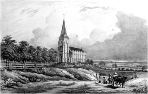 Bexley Heath's Anglican Chapel of Ease, 1850s. Next to it men are working in the gravel pit